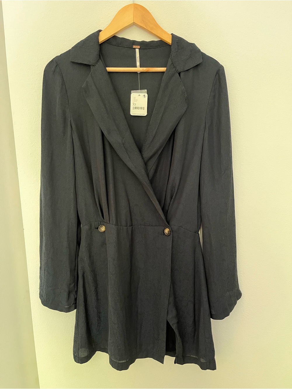 Free People Black Longline Wrap Blazer with Gold Buttons NWT